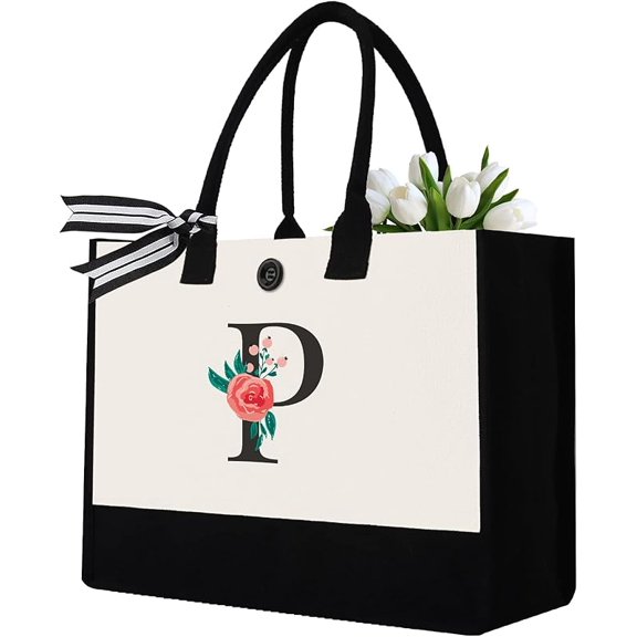 Initial Canvas Tote Bag, Personalized Birthday Gifts for Women Mom Friends Teachers, Monogrammed Tote Bags Suitable for Mother's Day Wedding Beach