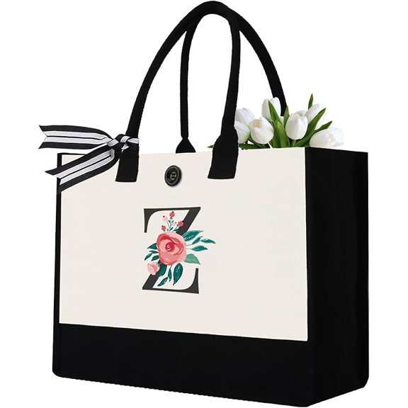 Initial Canvas Tote Bag, Personalized Birthday Gifts for Women Mom Friends Teachers, Monogrammed Tote Bags Suitable for Mother's Day Wedding Beach