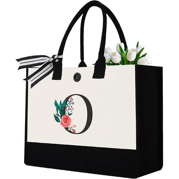 Initial Canvas Tote Bag, Personalized Birthday Gifts for Women Mom Friends Teachers, Monogrammed Tote Bags Suitable for Mother's Day Wedding Beach