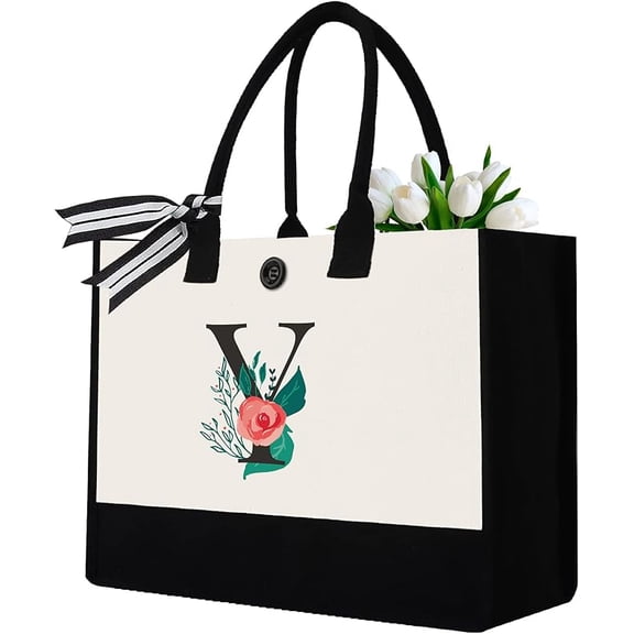 Initial Canvas Tote Bag, Personalized Birthday Gifts for Women Mom Friends Teachers, Monogrammed Tote Bags Suitable for Mother's Day Wedding Beach