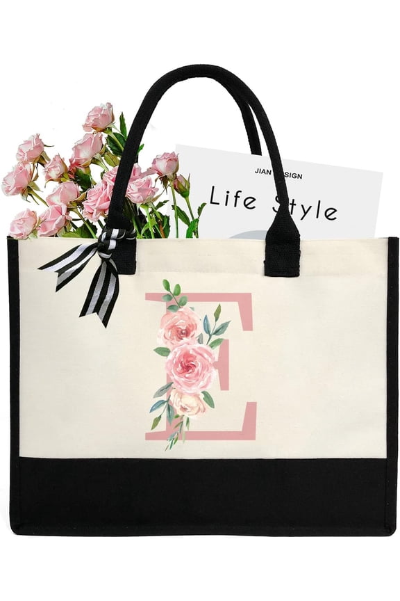 Initial Canvas Tote Bag for Women, Beach Bag with Inner Zipper Pocket Personalized Gifts for Wedding, Birthday | Initial