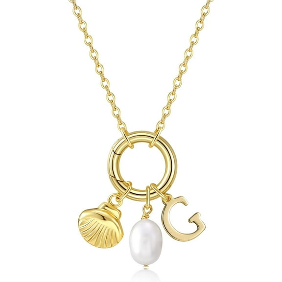 Initial Charm Necklace for Women Shell Necklace Pearl Necklace 14K Gold Plated Letter Pendant Necklace Dainty Seashell Necklace Beach Jewelry Gifts