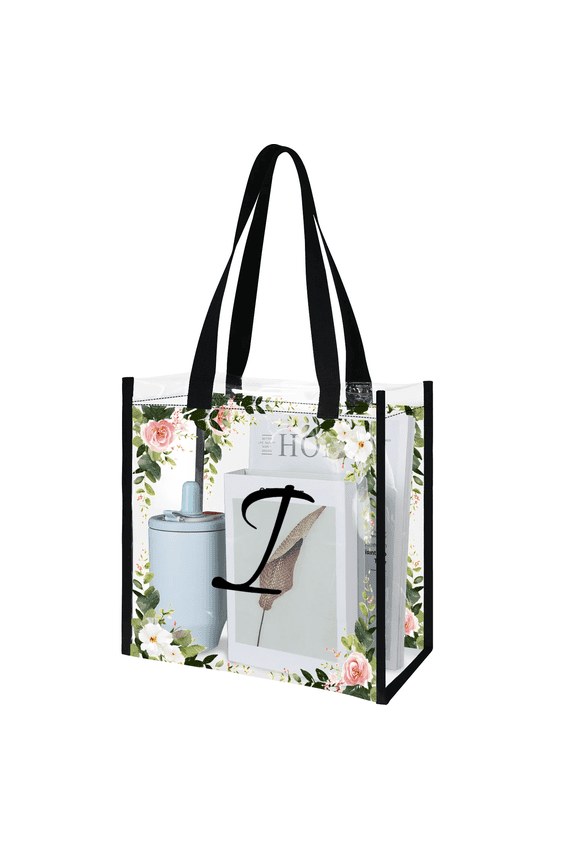 Initial Clear Bag Tote Bag Floral Letter Personalized Transparent Shoulder Handbag Monogrammed Gift for Bridesmaids Birthday Wedding