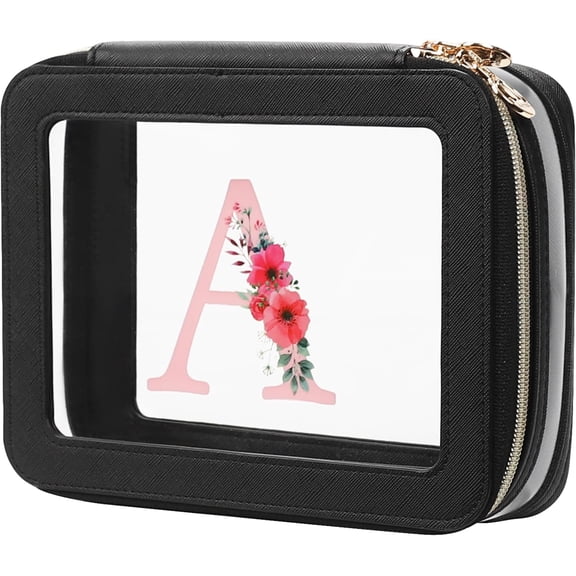Initial Clear Makeup Bag for Women, PU Leather Letter Floral Print Travel Toiletry Bag Bags with Zipper, Portable Pretty Skincare Bag Bag for Women Girls(Black A)