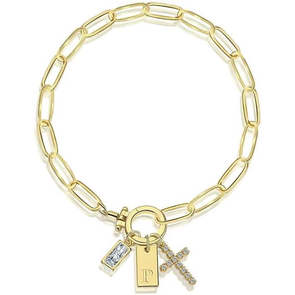 Initial Cross Bracelet, 18K Gold Plated Paperclip Link Chain Bracelets, Dainty A-Z Letter Charm Bracelet for Women Personalized Valentines Day Gifts