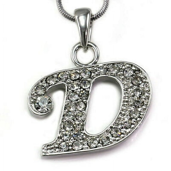 Initial D Necklace Chain Clear Stone Crystal Rhinestone Silver Tone Pendant NEW