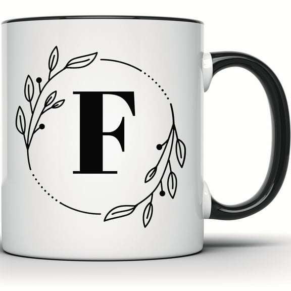 Initial F Mug - Floral Wreath Letter F Monogram - Custom Coffee Mug - Personalized F Gift for Her or Him - 11 Ounce Black Rim Handle Novelty Coffee Cup - WMUG0356-Black Rim