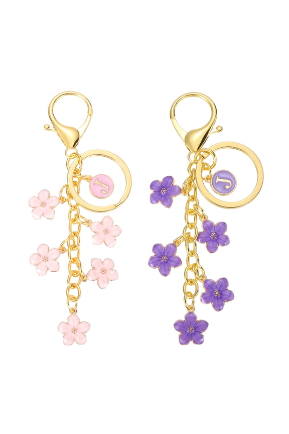 Initial Flower Letter Keychain for Women Cute Alphabet J Enamel Keyring Flower Bag Charm Key Holders for Handbag Backpack Purse Accessories, Pink/Purple