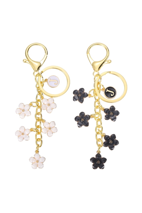 Initial Flower Letter Keychain for Women Cute Alphabet J Enamel Keyring Flower Bag Charm Key Holders for Handbag Backpack Purse Accessories, White/Black