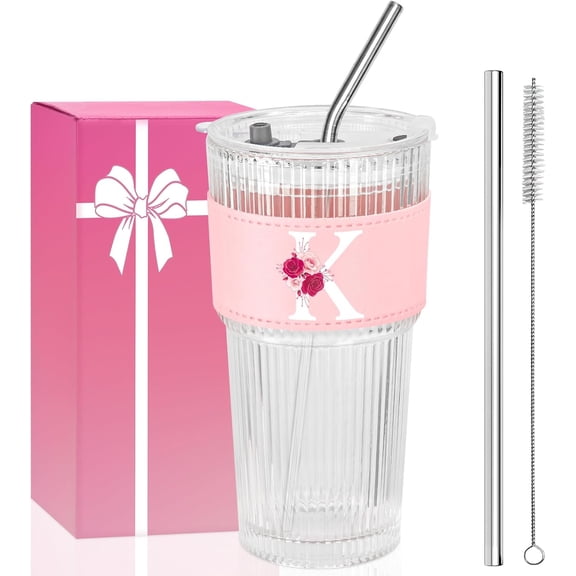 Initial Glass Cup with Straw and Lid,20oz Ribbed Glass Tumbler,Ice Tea Coffee Matcha Tumbler, Monogrammed Gifts for Sister Girlfriend Aunt,Unique Birthday Gifts,Personalized Mother Day Gift-K