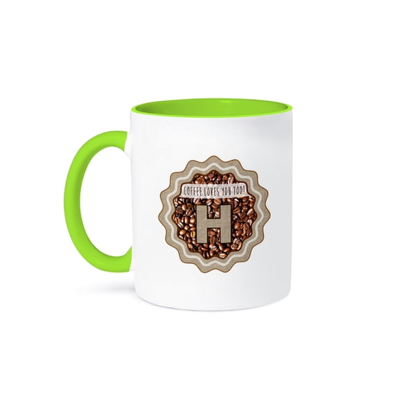 3dRose, Initial H- Coffee Loves You Too Monogram design, 11oz Two-Tone Green Mug