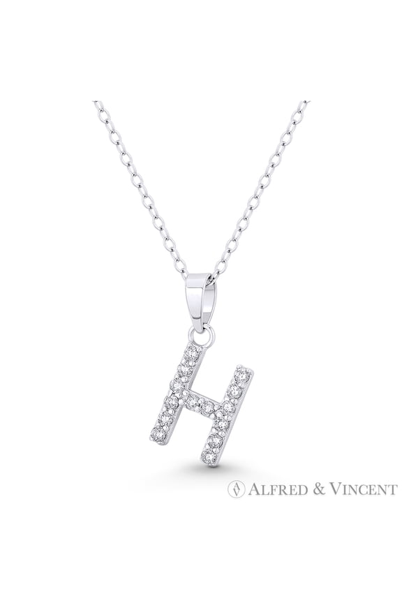 Initial "H" Cubic Zirconia CZ Crystal Pendant w/ Cable Chain Necklace in .925 Sterling Silver