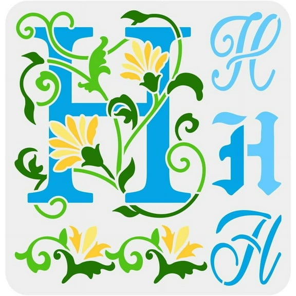Initial H Painting Stencil 11.8x11.8inch Reusable Graffiti Letter H Drawing Template DIY Art Flower Vine Design Letter H Stencil Painting