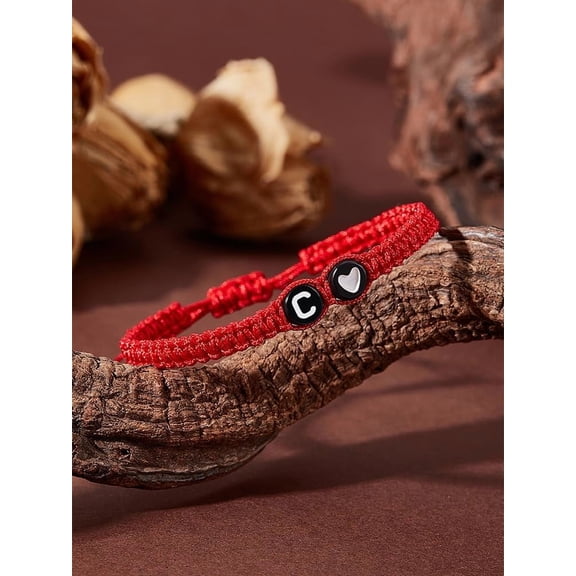 Initial Heart A-Z Letter Bracelets Adjustable Rope Alabet Bracelet with Plastic Beads Red 1set