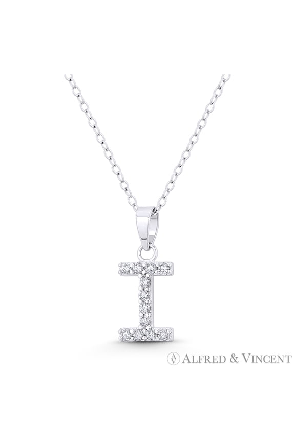 Initial "I" Cubic Zirconia CZ Crystal Pendant w/ Cable Chain Necklace in .925 Sterling Silver
