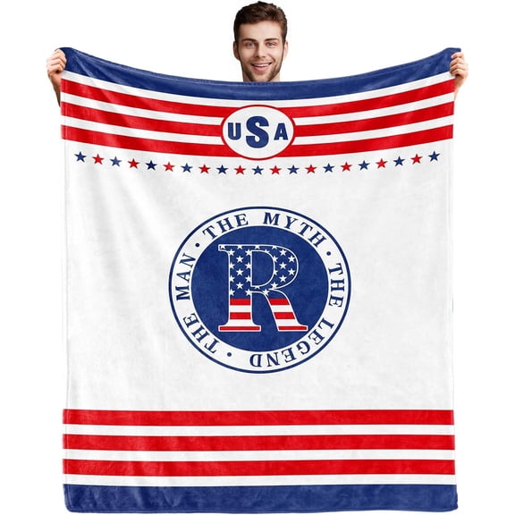 Initial J Blanket for Men,4th of July Patriotic Birthday Gifts for Him Dad, Monogrammed Anniversary USA Flag Blanket for Husband, The Man The Myth The Legend Gift Ideas 60"x 50"in