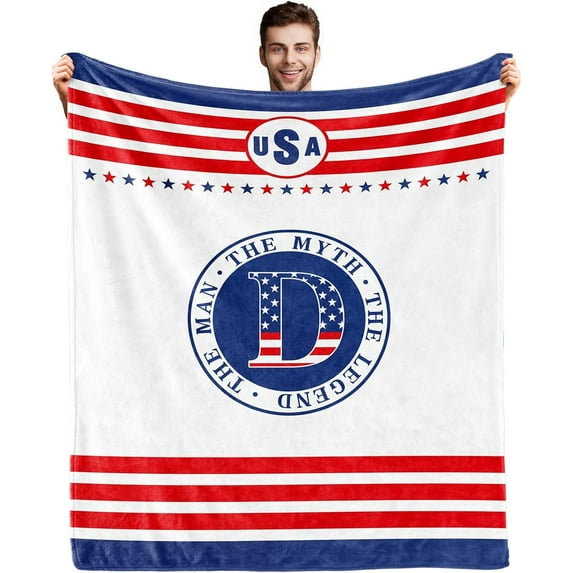Initial J Blanket for Men,4th of July Patriotic Birthday Gifts for Him Dad, Monogrammed Anniversary USA Flag Blanket for Husband, The Man The Myth The Legend Gift Ideas 60"x 50"in