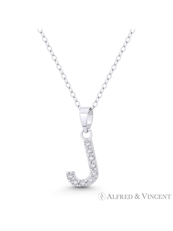 Initial "J" Cubic Zirconia CZ Crystal Pendant w/ Cable Chain Necklace in .925 Sterling Silver