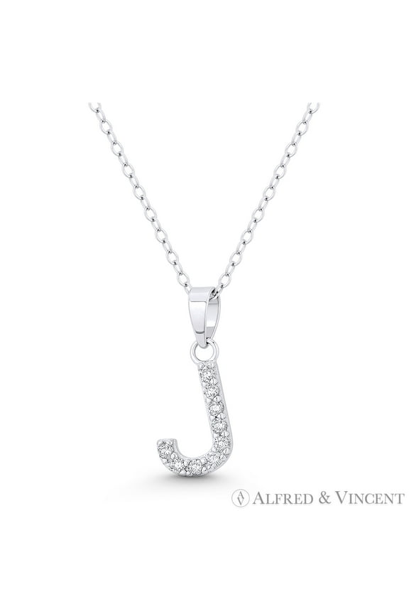 Initial "J" Cubic Zirconia CZ Crystal Pendant w/ Cable Chain Necklace in .925 Sterling Silver