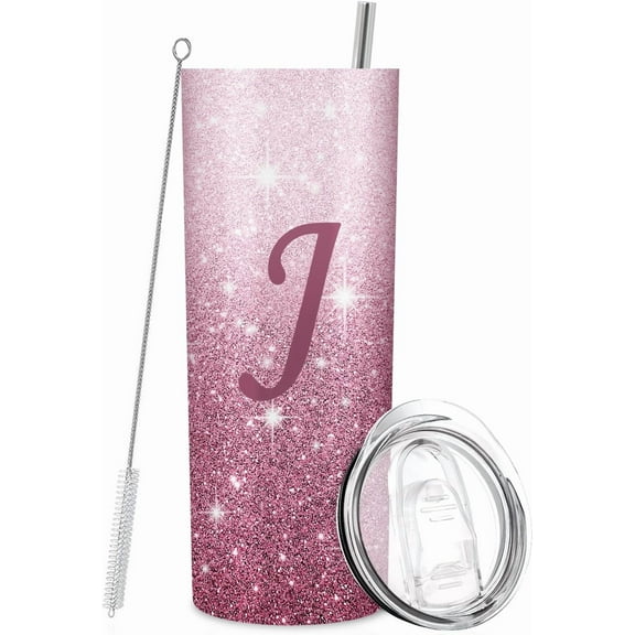 Initial J Monogrammed Tumbler Cup Gifts - Personalized 20oz Tumblers with Lids and Straws for Girls, Women, Mom, Teacher, Wedding, Graduation