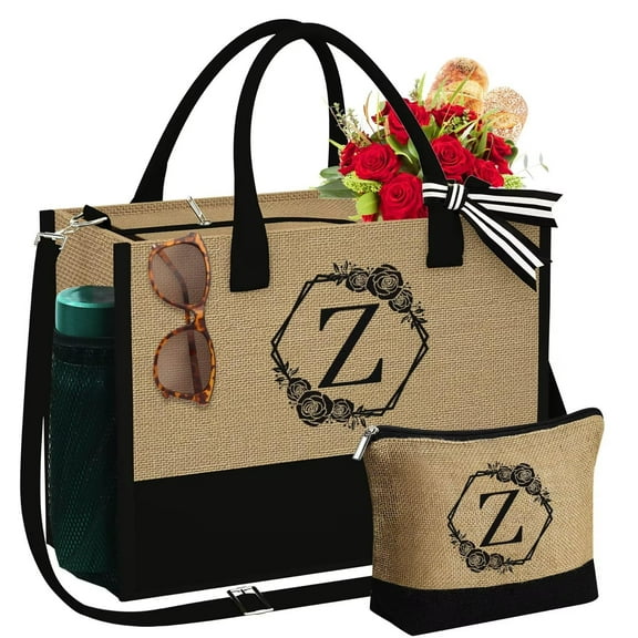 Initial Jute Tote Bag with Makeup Bag Beach Bag with Pockets Adjustable Strap Mothers Day Birthday Gifts for Her