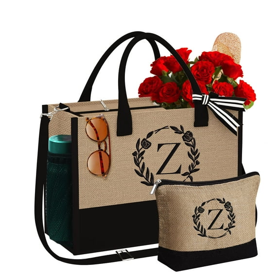 Turandoss Initial Jute Tote Bag with Makeup Bag Beach Bag Pockets Adjustable Strap Mothers Day Birthday Gifts for Women