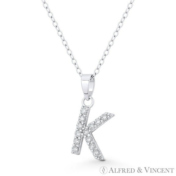 Initial "K" Cubic Zirconia CZ Crystal Pendant w/ Cable Chain Necklace in .925 Sterling Silver