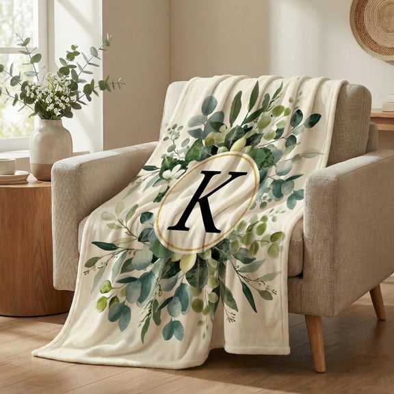 Initial K Flannel Blanket Throw, Letter Theme Eucalyptus Floral Soft Fuzzy Plush Cozy Fleece Blankets for Couch Sofa Bed Lounging, Ideal Gifts for Adults Self, 50x60
