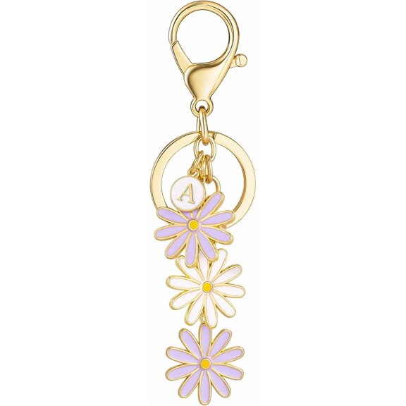 Initial Keychain Daisy Flower Key Chain for Women Cute Pink Letter Keyring