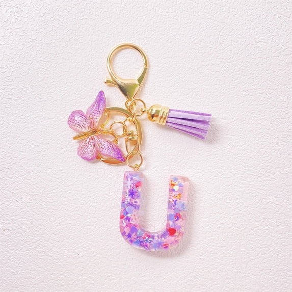 Initial Keychain, Gaqring Custom Letter Tassel Keychain for Women, Purple Cute Resin Key Ring for Car Keys Wallet Backpack Bag Gift