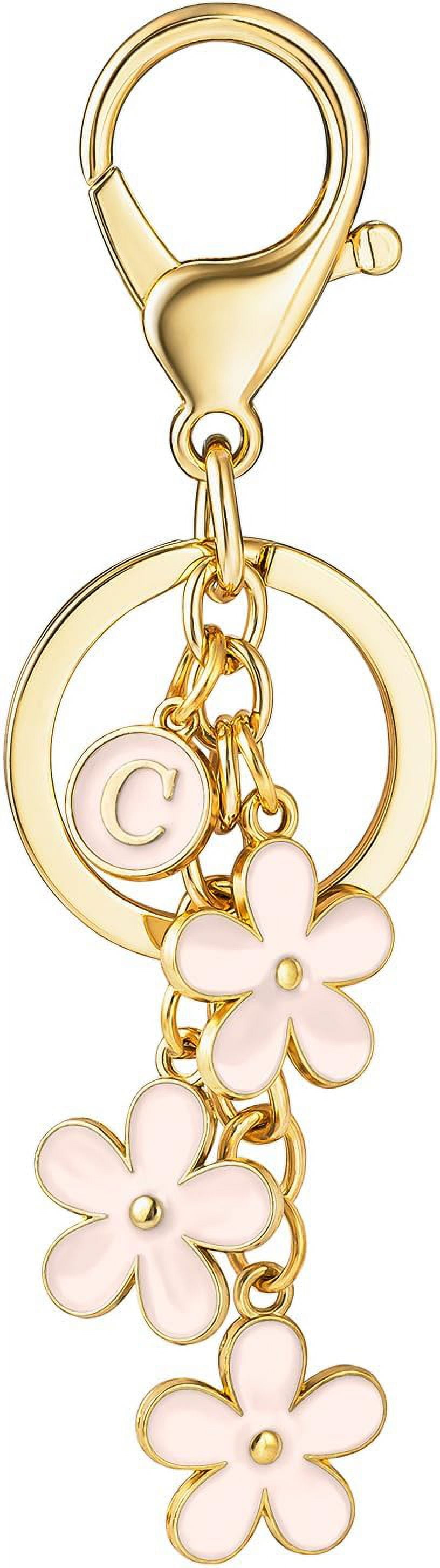 2-Pack Initial Letter Keychain (Letter J) - Pink & White Floral Design Key Charm For Women