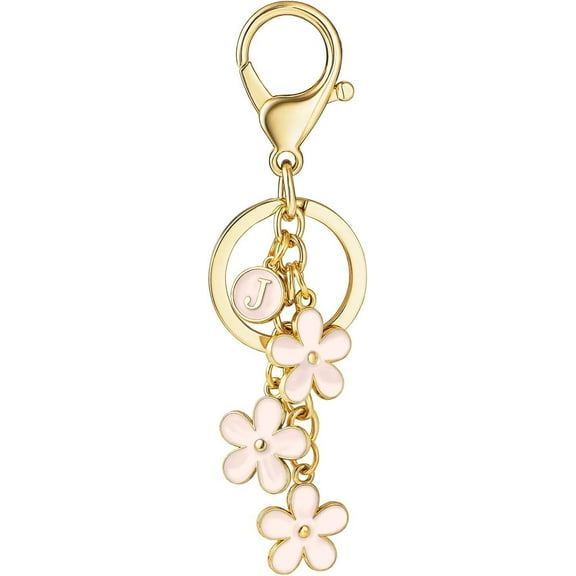 Initial Keychain White/Pink Flower Charms for Key Cute Letter Keyring for Handbag Backpack