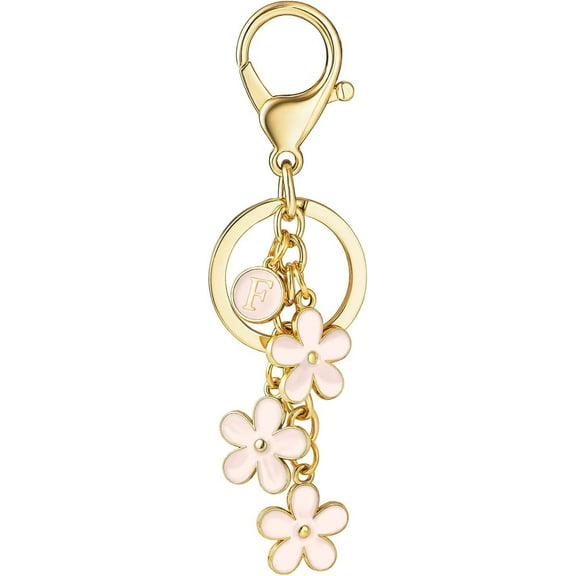 Initial Keychain White/Pink Flower Charms for Key Cute Letter Keyring for Handbag Backpack