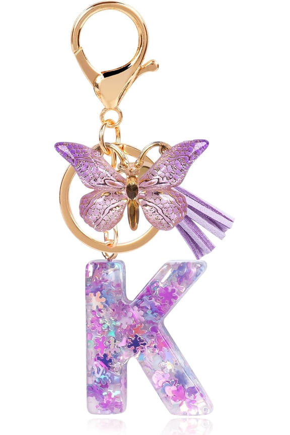 Initial Keychains for Women Girls with Tassel Butterfly, Cute Letter Keychain Charm for Keys Purse Handbags, Purple