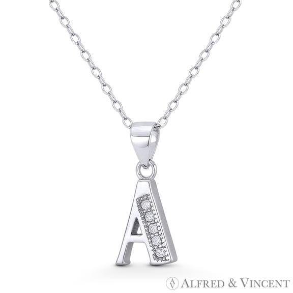 Initial Letter "A" Block Script Cubic Zirconia CZ Crystal 20x8.5mm (0.8x0.33in) Pendant in .925 Sterling Silver w/ Rhodium