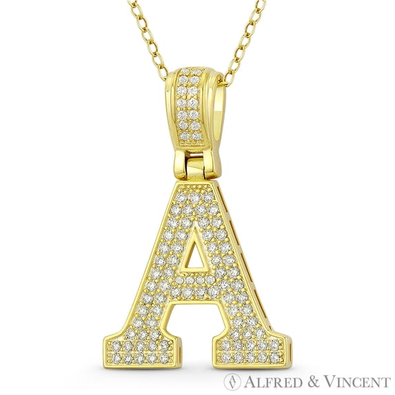 Initial Letter "A" Block Script Cubic Zirconia CZ Crystal Pendant in .925 Sterling Silver w/ 14k Yellow Gold