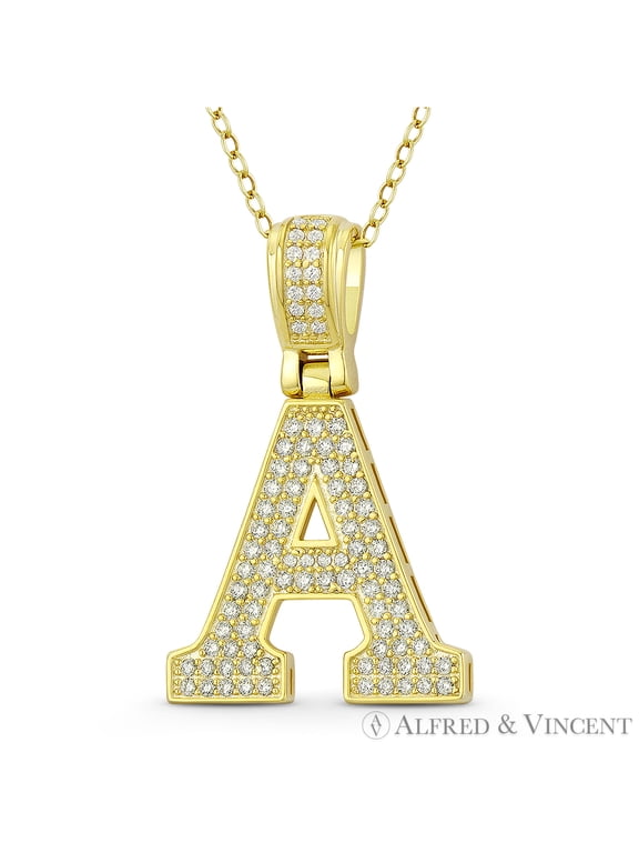 Initial Letter "A" Block Script Cubic Zirconia CZ Crystal Pendant in .925 Sterling Silver w/ 14k Yellow Gold