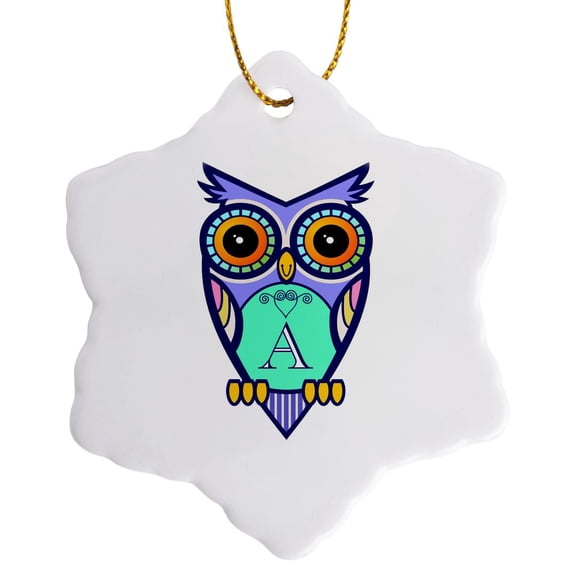 3drose, Initial Letter A- Cute Owl in Turquoise Pink and Lavender, 3 inch Snowflake Porcelain Ornament
