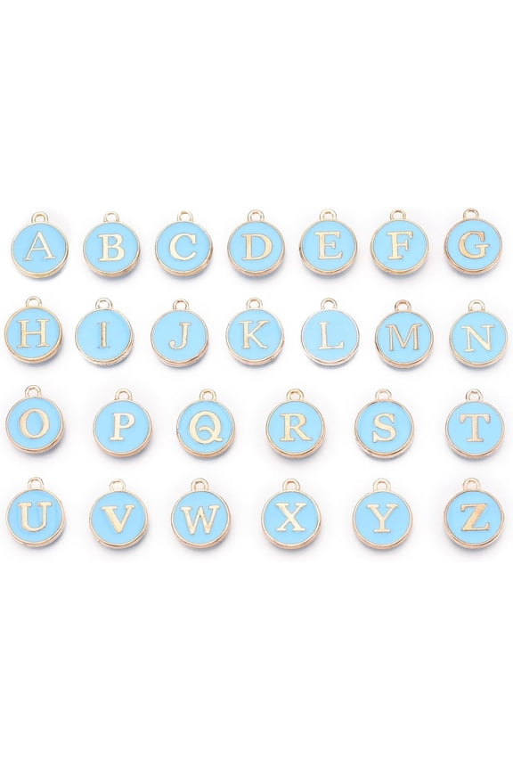 Initial Letter A~Z Alphabet Enamel Charms Flat Round Disc Double Sided Charms Golden Plated Enamelled Sequins Alloy Charms Light Sky Blue 14x12x2mm Hole: 1.5mm 26pcs/set