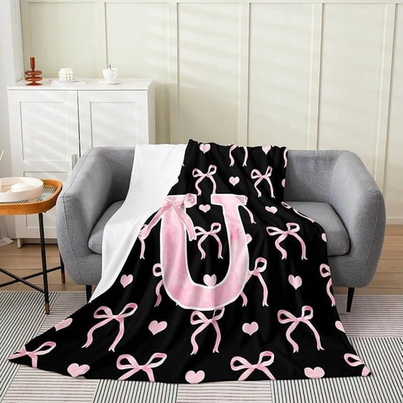 Initial Letter A-Z Flannel Blanket Throw for Girls Black Pink M Alphabet Fleece Blanket Ombre Bow Cute Love Hearts Aesthetic Girly Fairy Microfiber Fuzzy Plush Throw