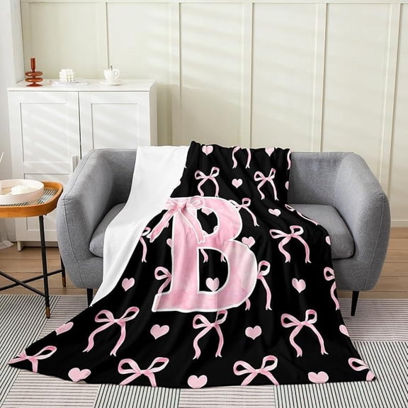 Initial Letter A-Z Flannel Blanket Throw for Girls Black Pink M Alphabet Fleece Blanket Ombre Bow Cute Love Hearts Aesthetic Girly Fairy Microfiber Fuzzy Plush Throw