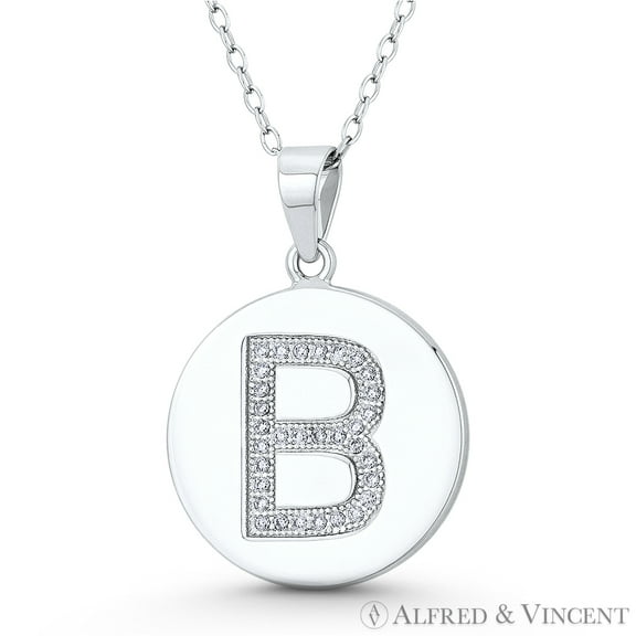 Initial Letter "B" Cubic Zirconia CZ Crystal 27x18mm (1.1"x0.7") Circle Pendant in .925 Sterling Silver w/ Rhodium