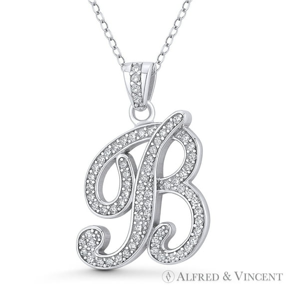 Initial Letter "B" Cursive Script Cubic Zirconia CZ Crystal Pendant in .925 Sterling Silver w/ Rhodium