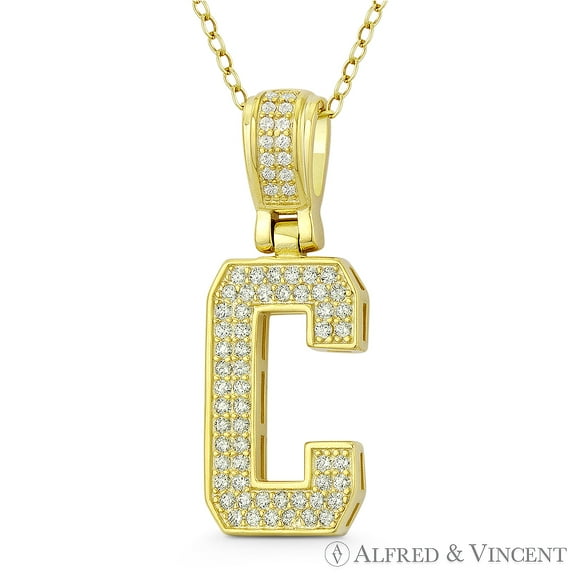 Initial Letter "C" Block Script Cubic Zirconia CZ Crystal Pendant in .925 Sterling Silver w/ 14k Yellow Gold