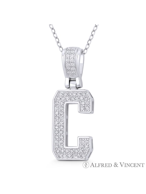 Initial Letter "C" Block Script Cubic Zirconia CZ Crystal Pendant in .925 Sterling Silver w/ Rhodium