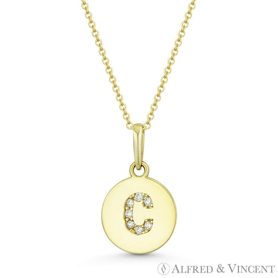 Initial Letter "C" Cubic Zirconia Crystal Round Disc Pendant in Solid 14k Yellow Gold