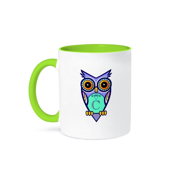 3dRose, Initial Letter C- Cute Owl in Turquoise Pink and Lavender, 15oz Two-Tone Green Mug