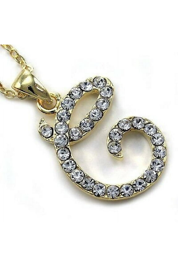 Initial Letter C Pendant Necklace High Polish Gold Tone Clear Charm Women Teen