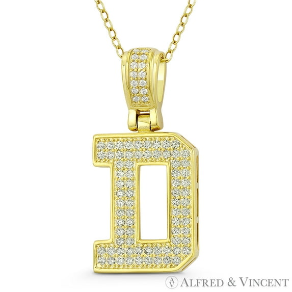 Initial Letter "D" Block Script Cubic Zirconia CZ Crystal Pendant in .925 Sterling Silver w/ 14k Yellow Gold