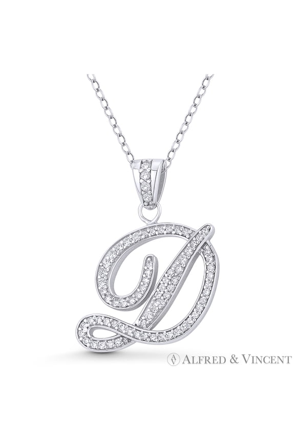 Initial Letter "D" Cursive Script Cubic Zirconia CZ Crystal Pendant in .925 Sterling Silver w/ Rhodium